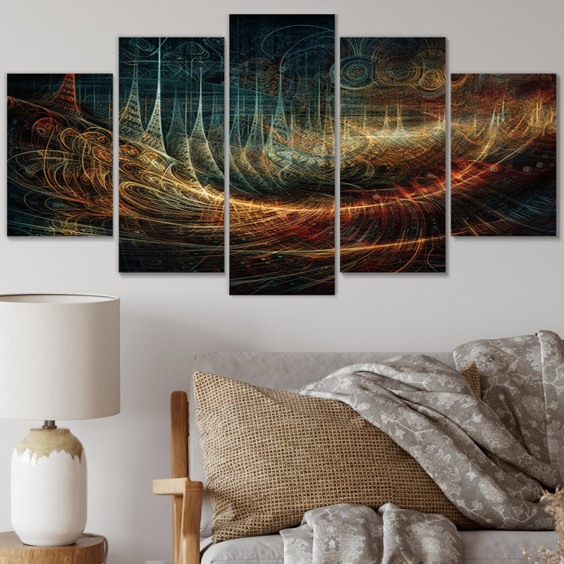 Futur Harmony Soundwaves Ocean Seascape III - Formes abstraites, art mural, salon - 5 panneaux