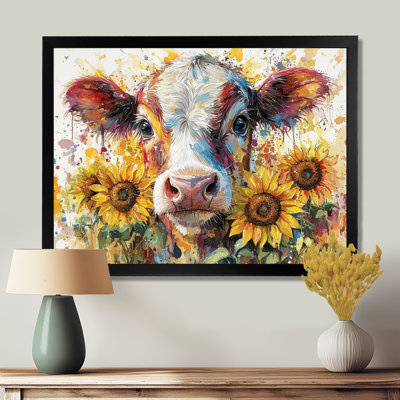Vache, peinture avec tournesols I - vache, art mural