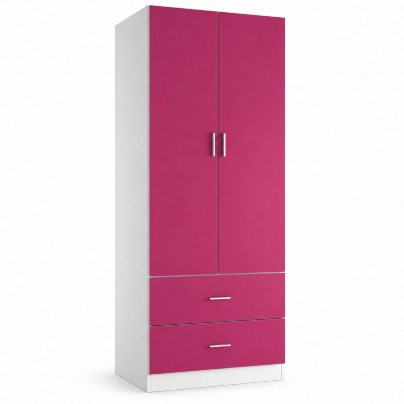 2 Door Freestanding Wardrobe 2 Drawers Particle Board Bedroom Clothes Storage, Pink