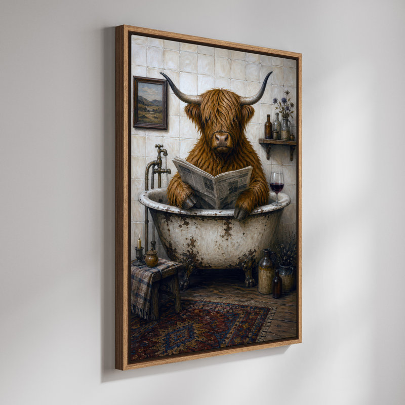 Highland Cow, lecture dans une baignoire rétro, impression encadrée, H 36 po x l 24 po, Naturel