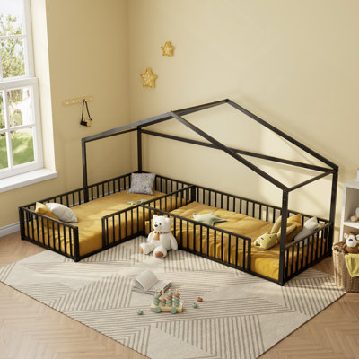 Double L-Shaped Montessori Bed, Metal Corner House Bed Frame With Fence, House-Style Floor Bed, Without Slats by Harper Orchard