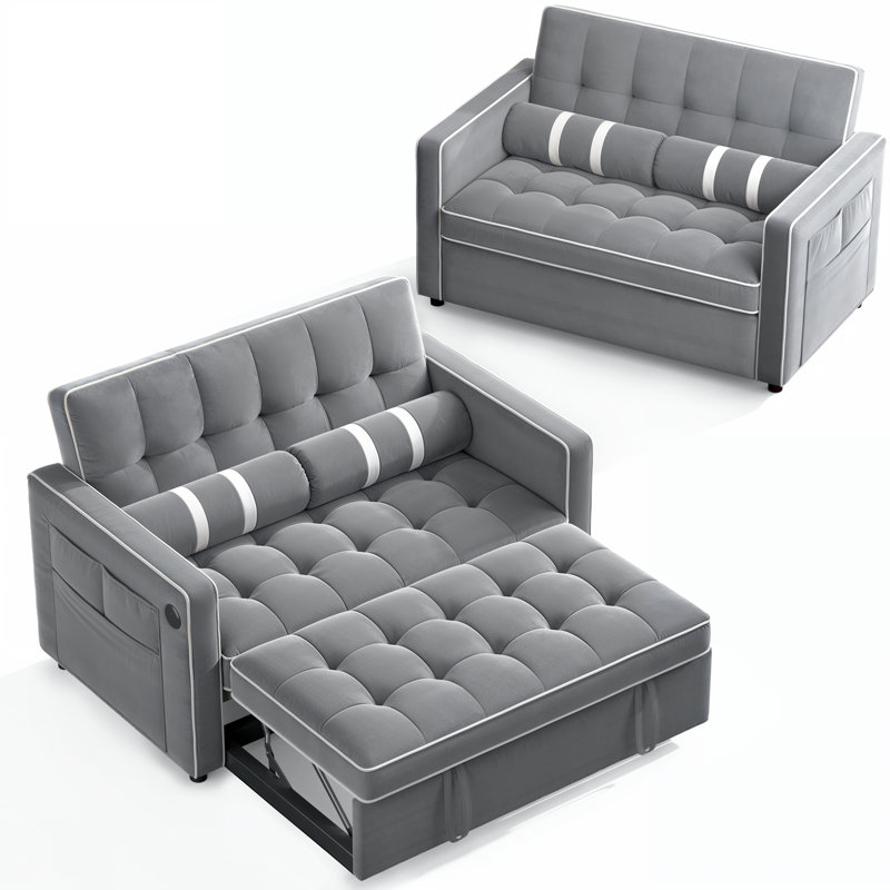 Brittany  3 in 1 Pull Out Sofa Bed with Adjustable Backrest, 70" Convertible Loveseat Velvet Sleeper Sofa with USB Port, Side Pockets & Cylinder Pillows for Living Room Apartment