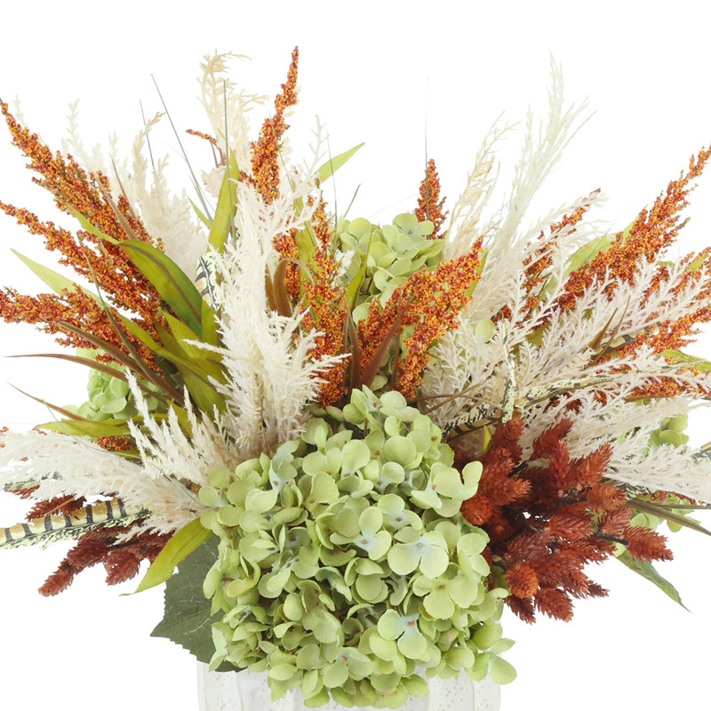 Fall Centerpiece with Hydrangeas, Heather, and Pampas