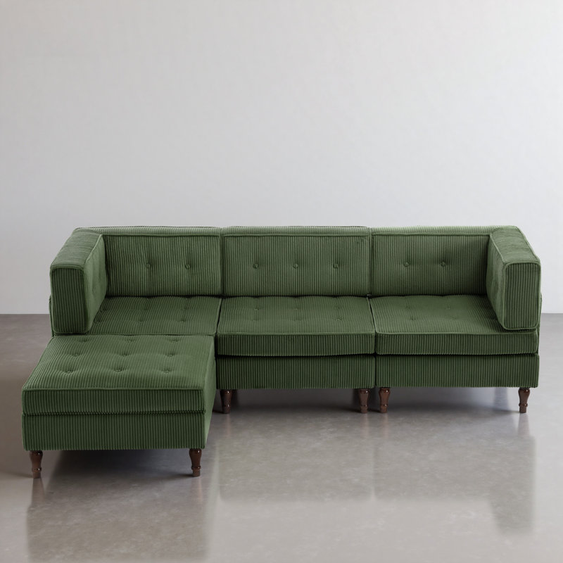 4 - Piece Upholstered Tufted Corduroy Modular Corner Sofa with Pillow Back and Removable Flip-Tray Top Storage Ottoman 