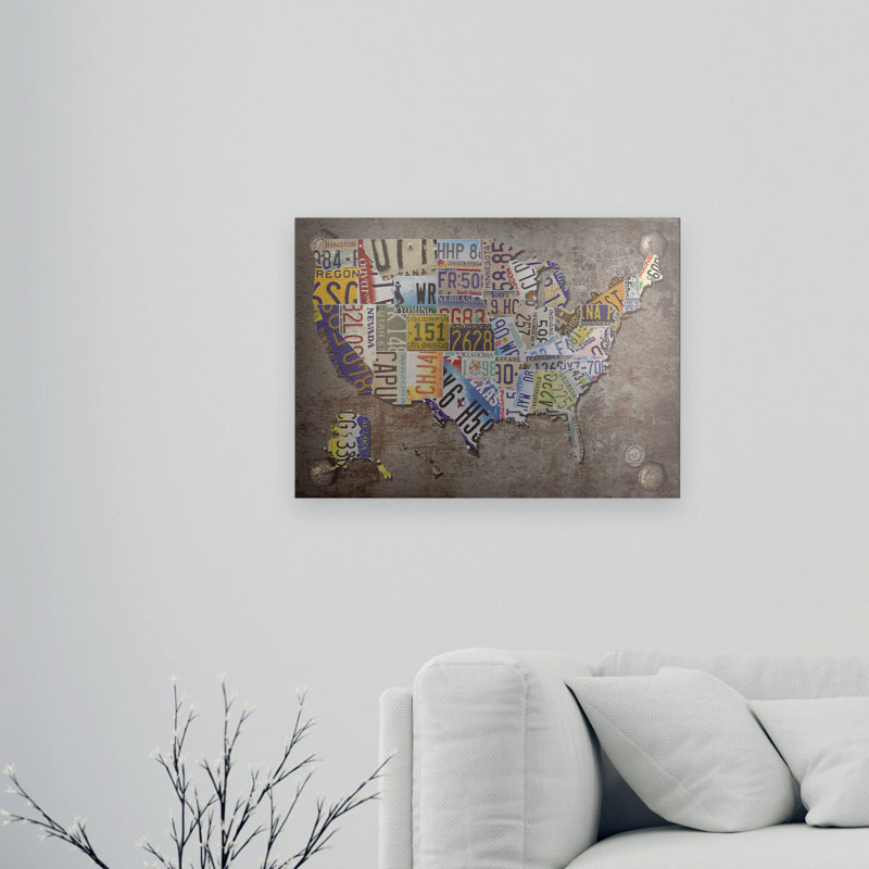 Art flottant en aluminium brossé, «USA Licence Plate Map On Metal»