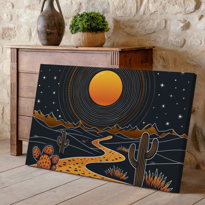 Toile, «Vibrant Desert Landscape At Dusk», avec des cactus stylisés dans un art mural au premier plan avec un chemin sinueux menant à une toile