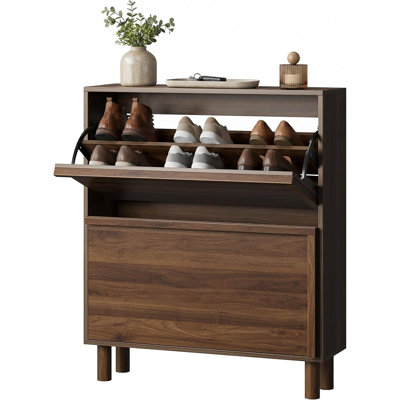 Narrow Shoe Cabinet with Flip Drawers, Wooden Handle, Slim Shoe Storage Organizer for Entryway, Hallway, Walnut