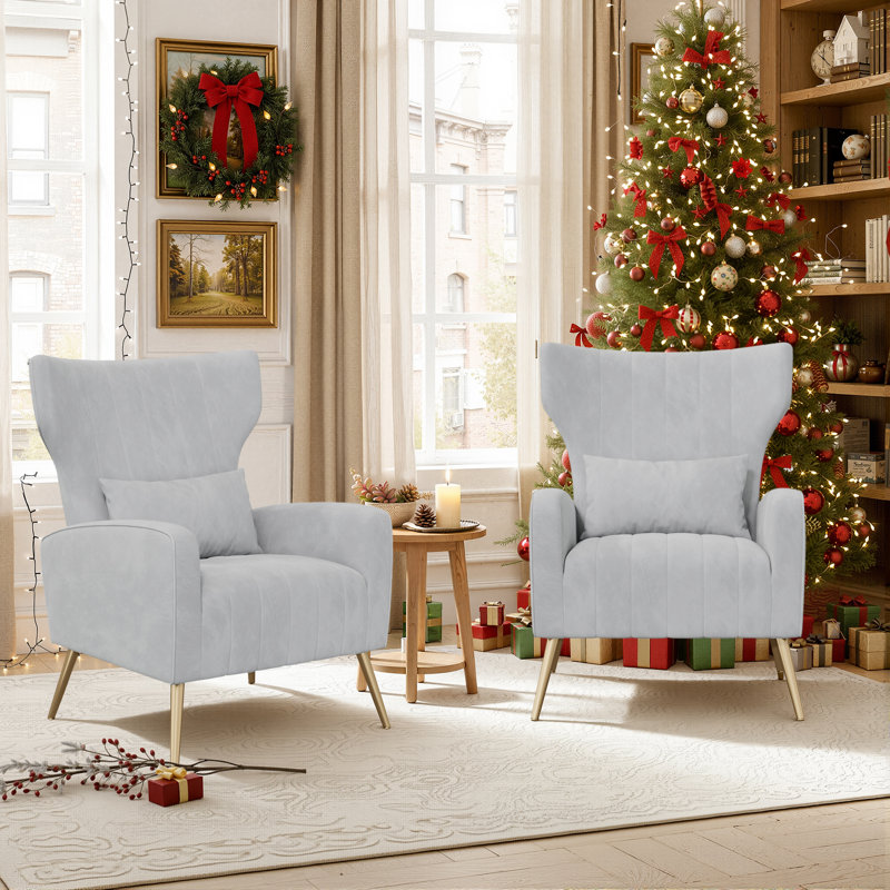 Velvet Wingback Chair, Grey;2 Chairs Set