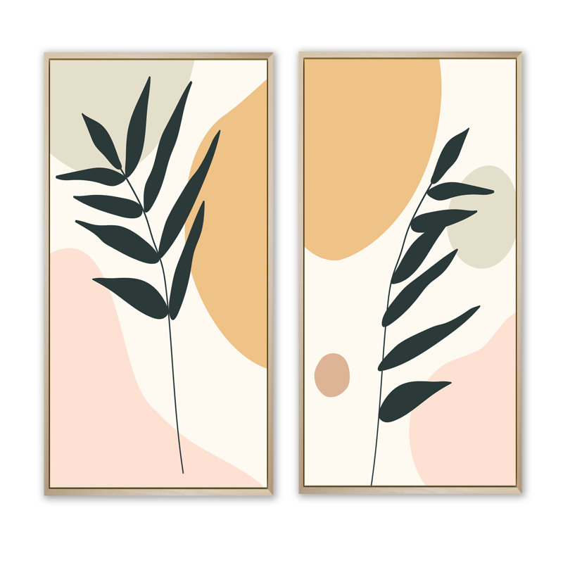 «Botanical Leaf with Pastel Abstract Clouds I», ensemble de 2 peintures, H 20 po x l 24 po x P 1 po, Cadre brun