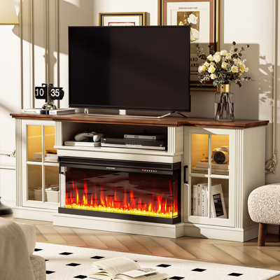  Meuble télé 70 po à 3 côtés pour téléviseur de 80 po ou moins, centre de divertissement avec foyer électrique de 34 po, consoles de télévision à DEL pour le salon, console multimédia Highboy avec porte vitrée