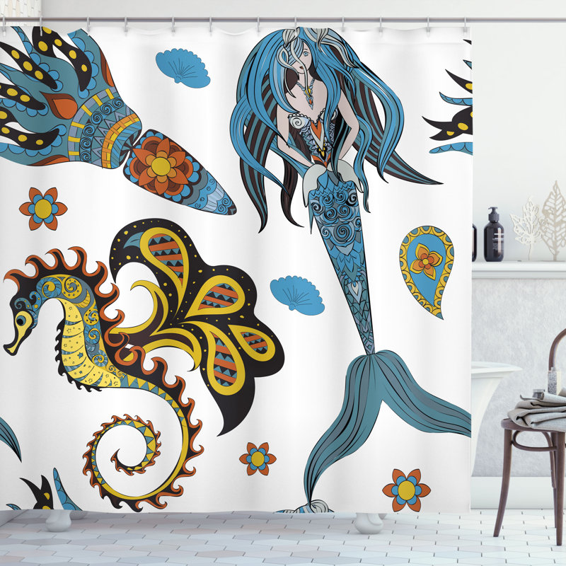 Ensemble de rideau de douche et crochets Mermaid, H 70 po x l 69 po