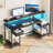 55"W Home Office Computer Desk With Drawers & Printer Shelf,Gaming Desk With Monitor Stand & LED Lights,Writing Desk With Power Outlets-1292917541