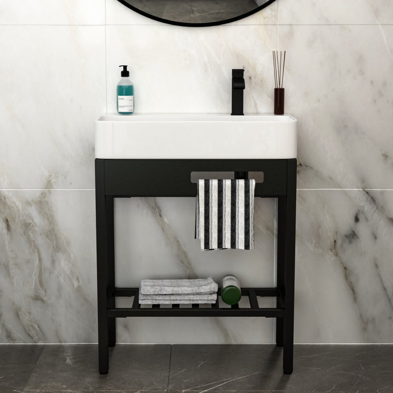 Évier de console en céramique 28 po x 12 po avec planche à récurer intégrée, construction hygiénique, peu encombrante, utilisation polyvalente intégrée, pieds en acier inoxydable, utilisation dans l'environnement