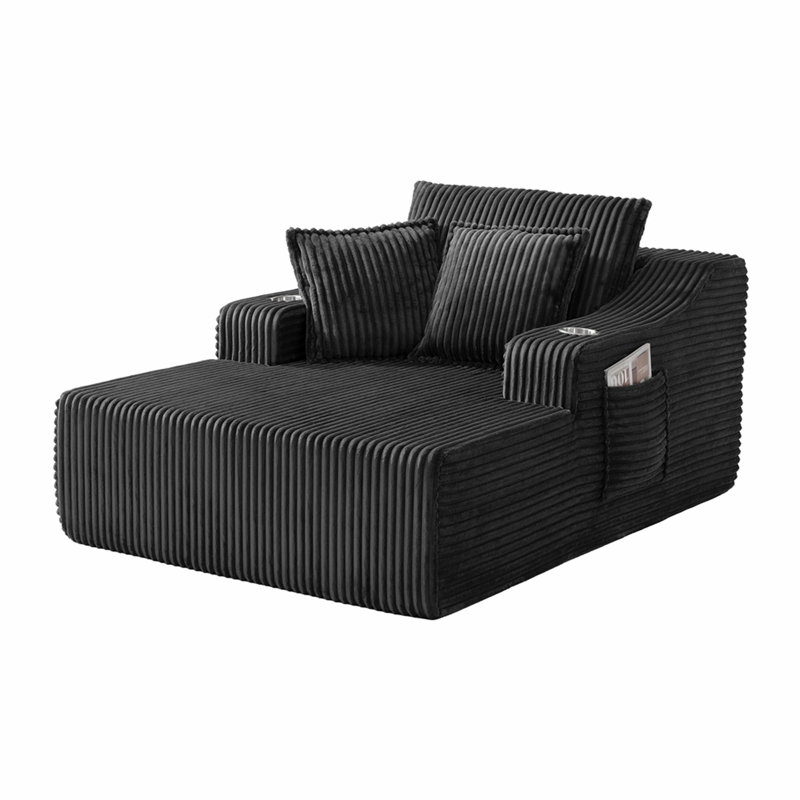 Très grande méridienne intérieure, canapé-lit rembourré 67 po avec porte-gobelets et 3 coussins, Black