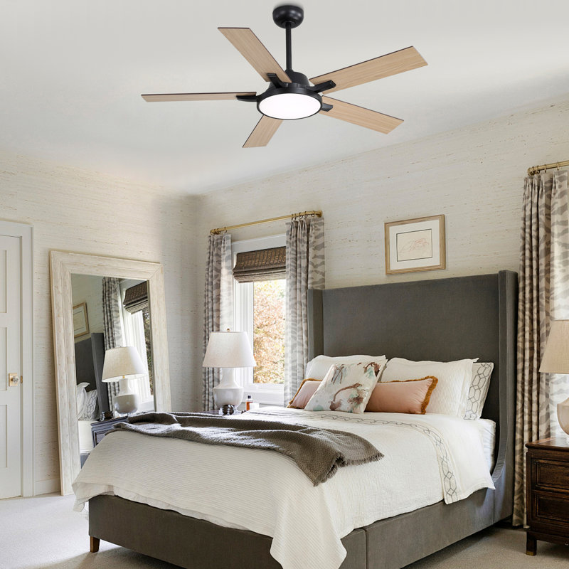 52" Ceiling Fan w/ LED Lights, 3 Color Temprature, Quiet DC Motor 6 Speed w/ Remote Control, Matte Black, Dark Brown Wood