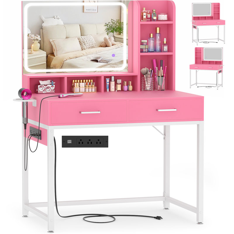 Petit bureau de maquillage avec prise de courant, coiffeuse avec miroir et lumières, Rose