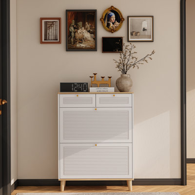 Shoe Cabinet With 2 Flip-Up Doors And 2 Drawers,Narrow Shoe Rack Cabinet,Freestanding Shoe Organizer,Shoe Organizer For Entryway,With Natural Wood Legs(White Natural)