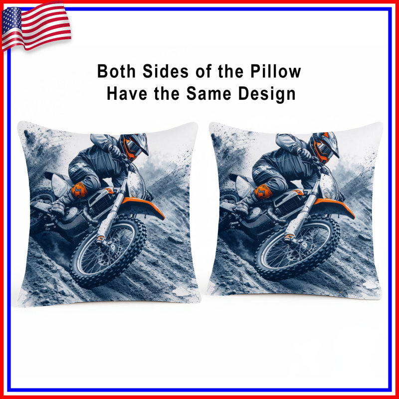 Coussins décoratifs Motocross Rider Action, 26 x 26 pouces, Orange foncé et gris anthracite