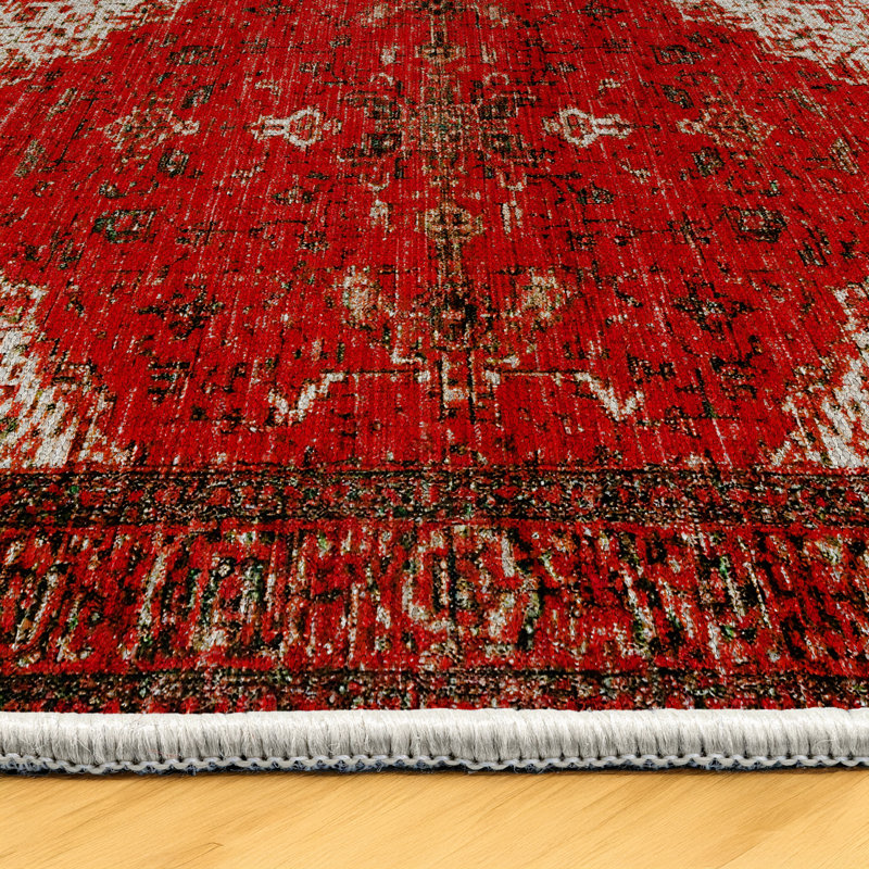 Tapis rouge / beige en coton à imprimé machine Guria, Tapis de couloir 4 pi x 14 pi 10 po
