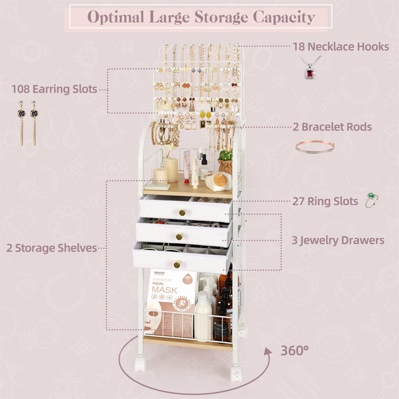 White Modern Jewellery Organizer Stand With Built-In Mirror, Ample Storage, And Creative Design, White