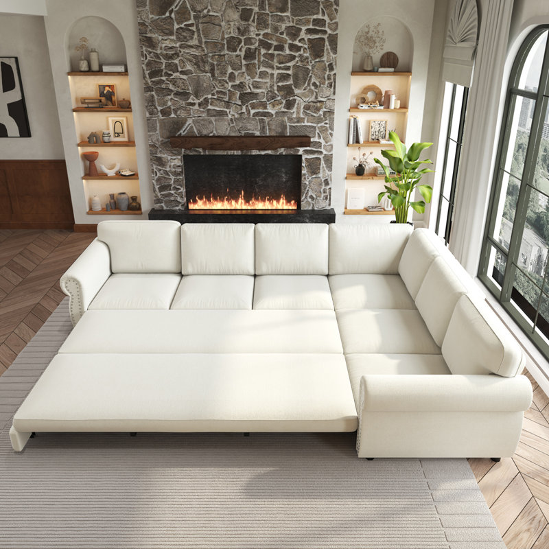 Canapé modulaire en L avec lit escamotable, Beige/White Chenille