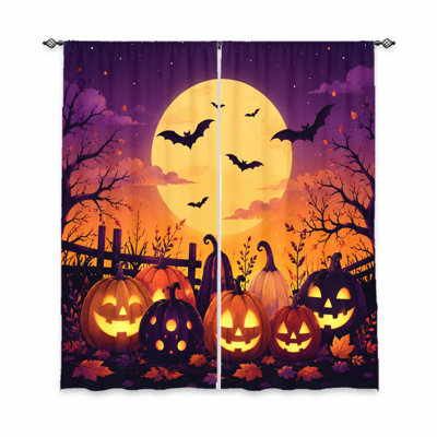 2 pièces de rideaux de citrouille d'Halloween avec des chauves-souris et un imprimé de pleine lune, style effrayant, thème festif, habillage de fenêtre décoratif, idéal pour la chambre, décoration des fêtes, décorations de fête, suspension à passe-tringle, tissu filtrant la lumière