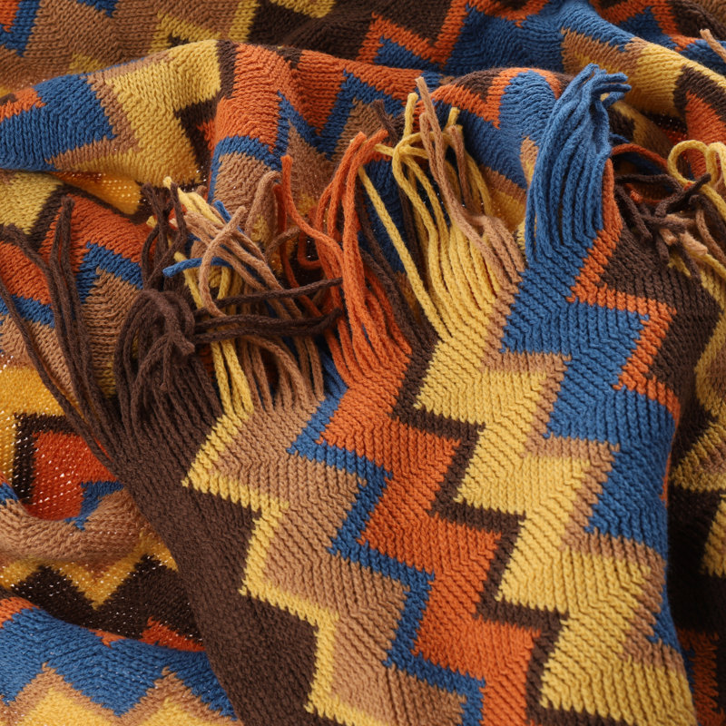 Boho Multicolor Knitted Acrylic Throw Blanket with Tassels, 50" x 60"