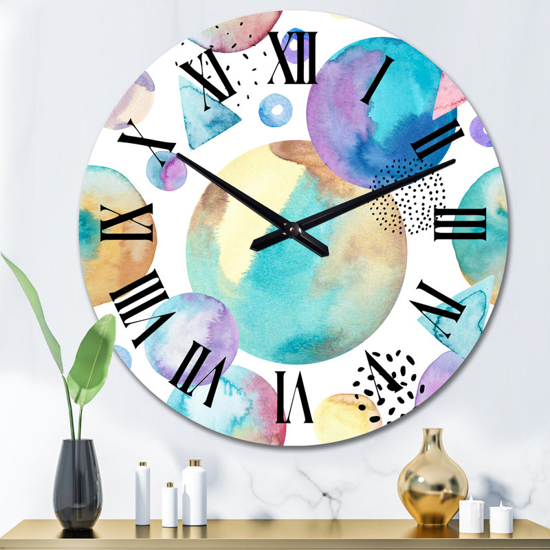 Rétro triangles cercles sur fond blanc III - horloge murale, Moyen
