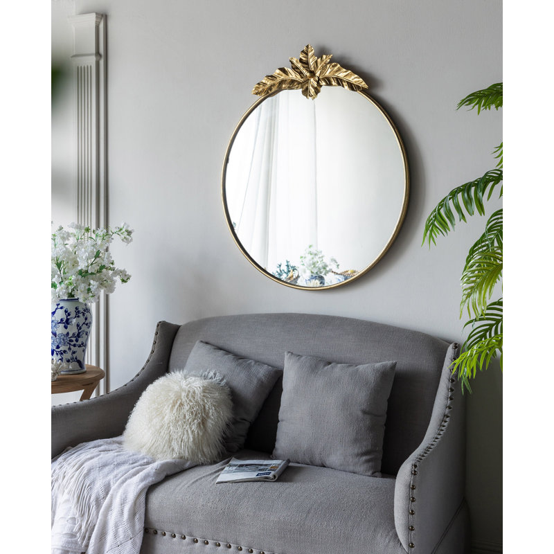 Grand miroir mural rond de 36 po x 41 po avec cadre en métal doré, miroir décoratif circulaire pour le vestibule de la chambre à coucher du salon