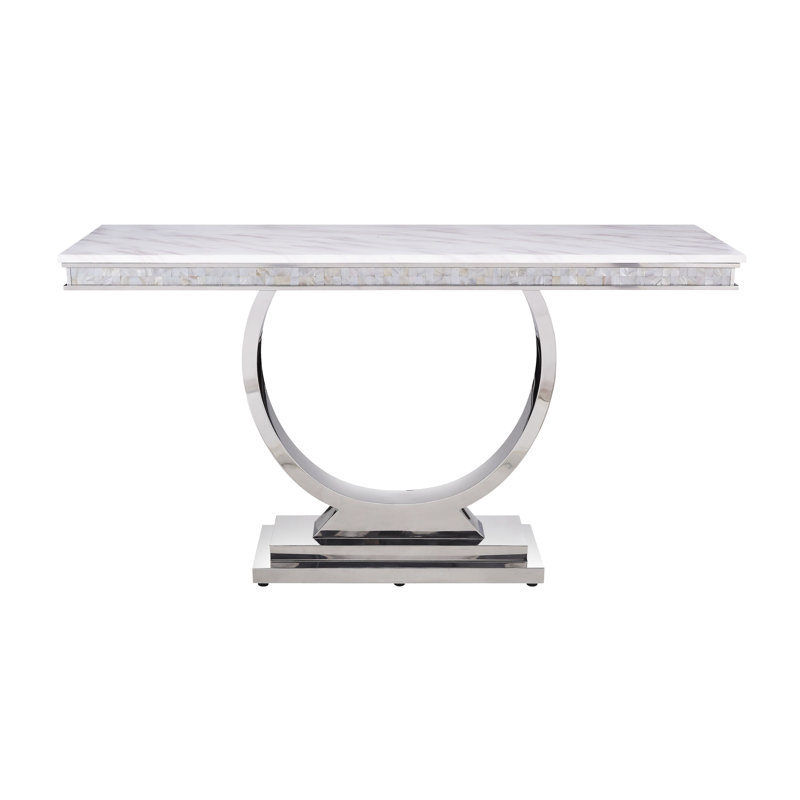 Round White Faux Marble and Silver Metal End Table