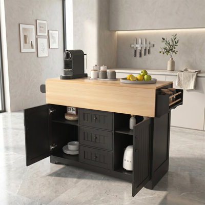 Îlot de cuisine 55,7 po à double pliage multifonctionnel, chariot de cuisine mobile et stationnaire à roulettes, avec prise de courant, 2 abattants, 3 tiroirs, 5 roulettes, support à épices et à serviettes, pour la cuisine, la salle à manger, facile à assembler