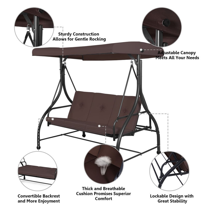 3 Person Porch Swing with Canopy, Brown