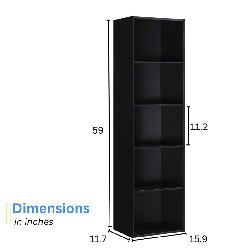 Tall Bookcase with Open Storage Bookshelf for Home or Office, (5 Shelves) 59"H x 15.9"W x 11.7"D, Black