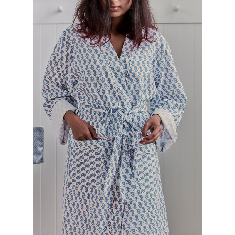 Bree 100% Cotton Plain Weave / Muslin Mid-Calf Bathrobe, Blue