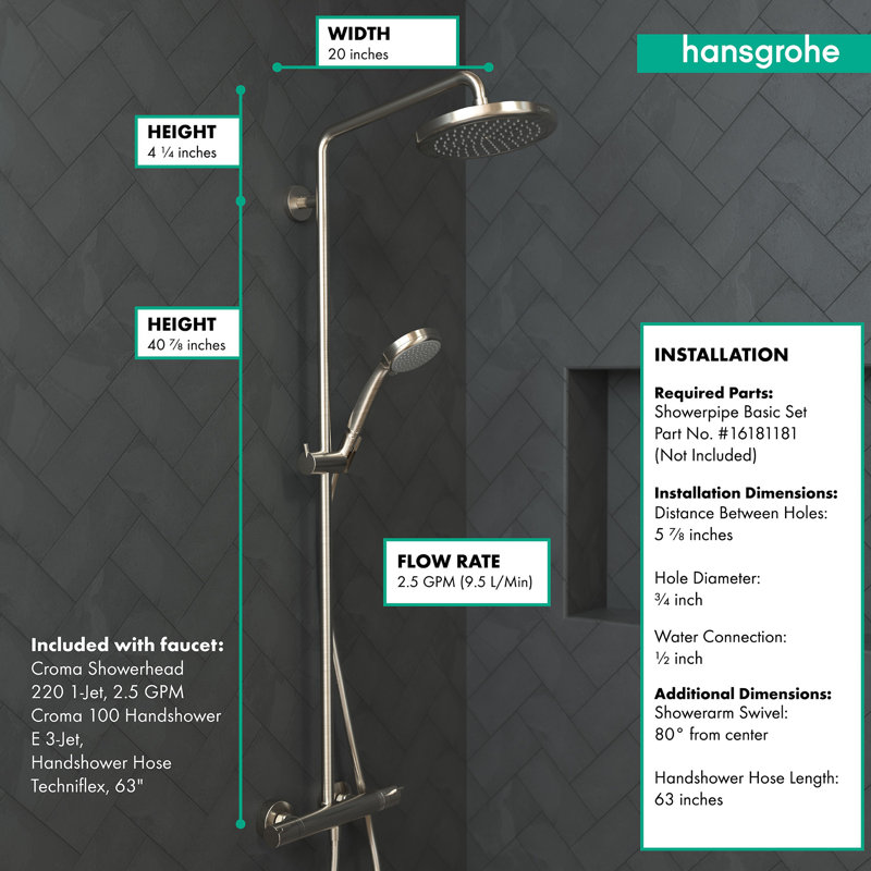 Robinet de douche thermostatique Croma 220, Nickel brossé