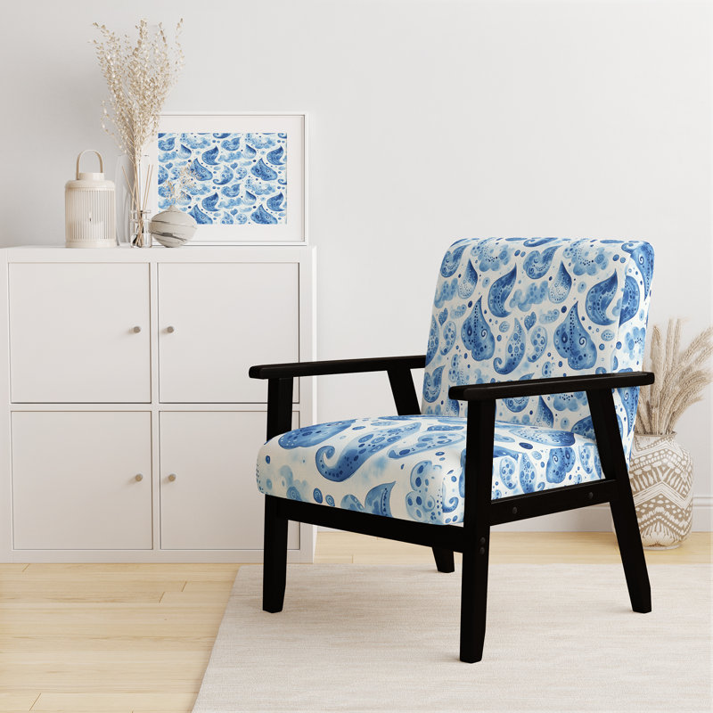 Chaise rembourrée Boho - bleu et blanc, Accoudoirs carrés noirs