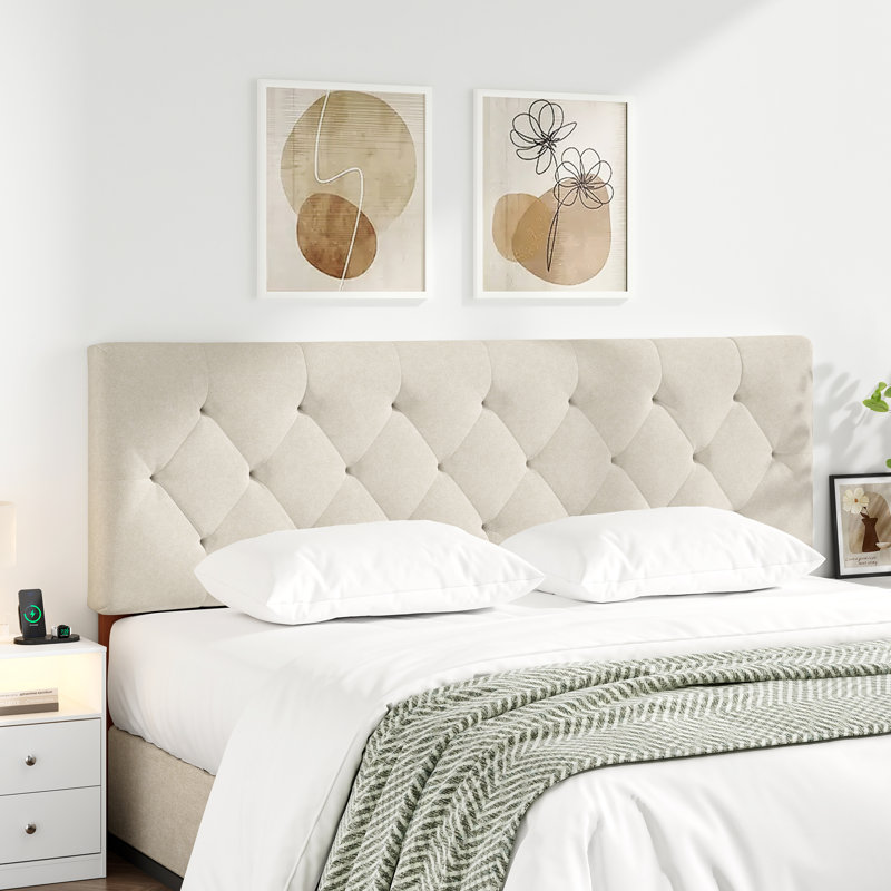 Tête de lit tapissier à hauteur ajustable, beige grand, Beige, Grand lit