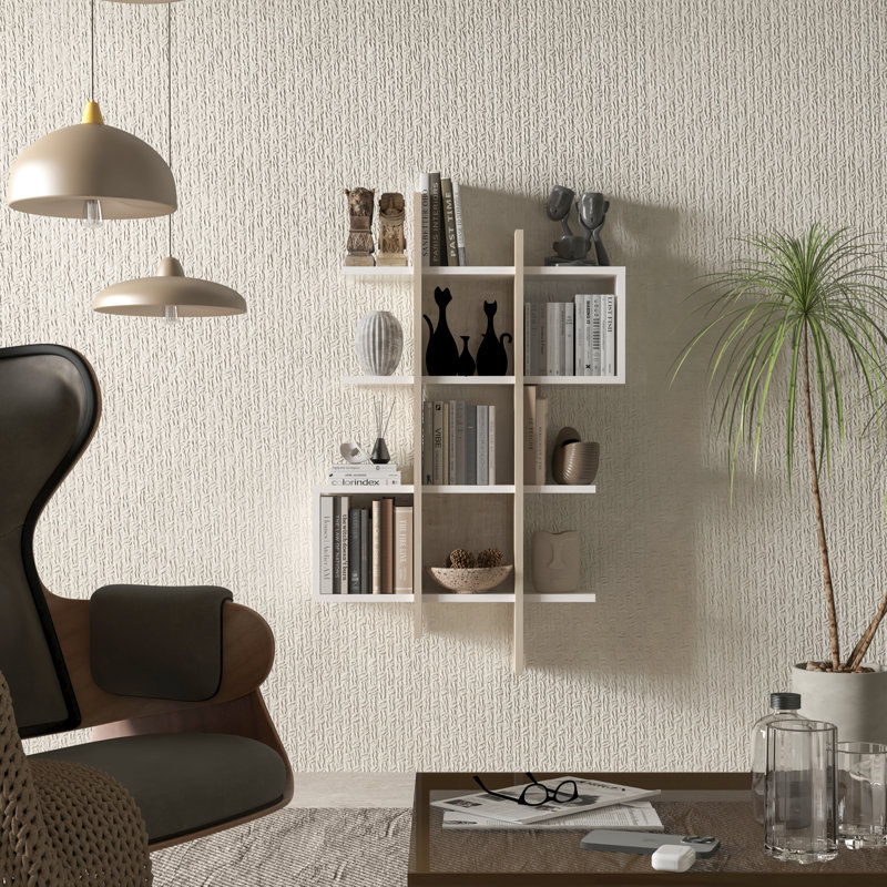 Floating Wall Mounted Bookshelf, 41.4” Geometric Wall Shelf With 8 Display Shelves & 2 Cubby Boxes