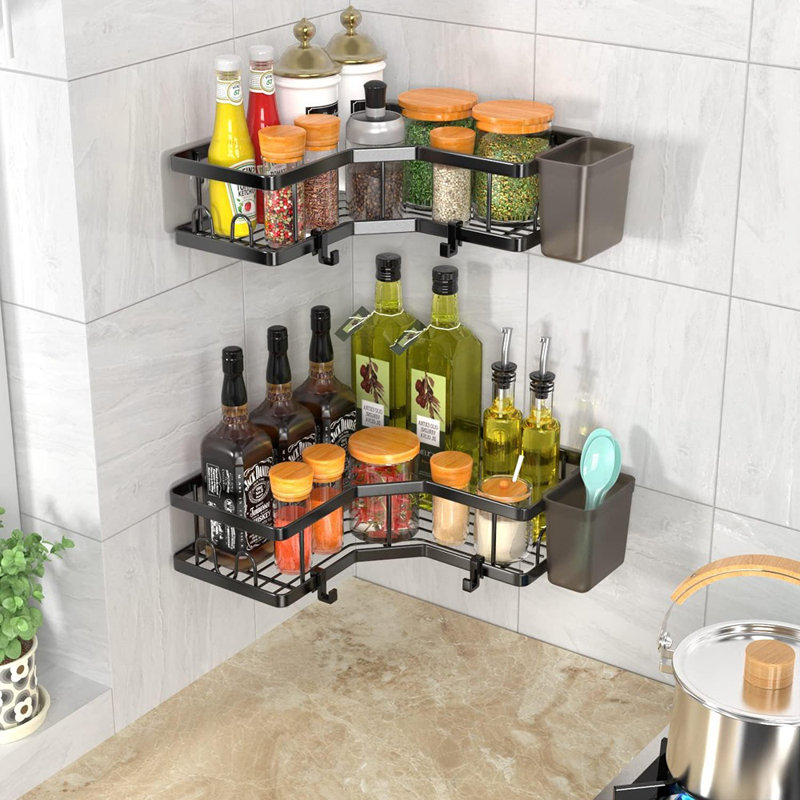 Ensemble de 2 paniers de douche en coin, organisateur de douche adhésif en acier inoxydable avec tablettes, crochets et porte-dentifrice, sans perçage, coins à 90 °