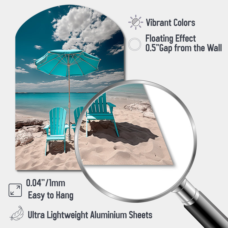 «Beach Sandy Escape Chairs - Arch Coastal Beach», art mural en métal asymétrique, H 34 po x l 25 po