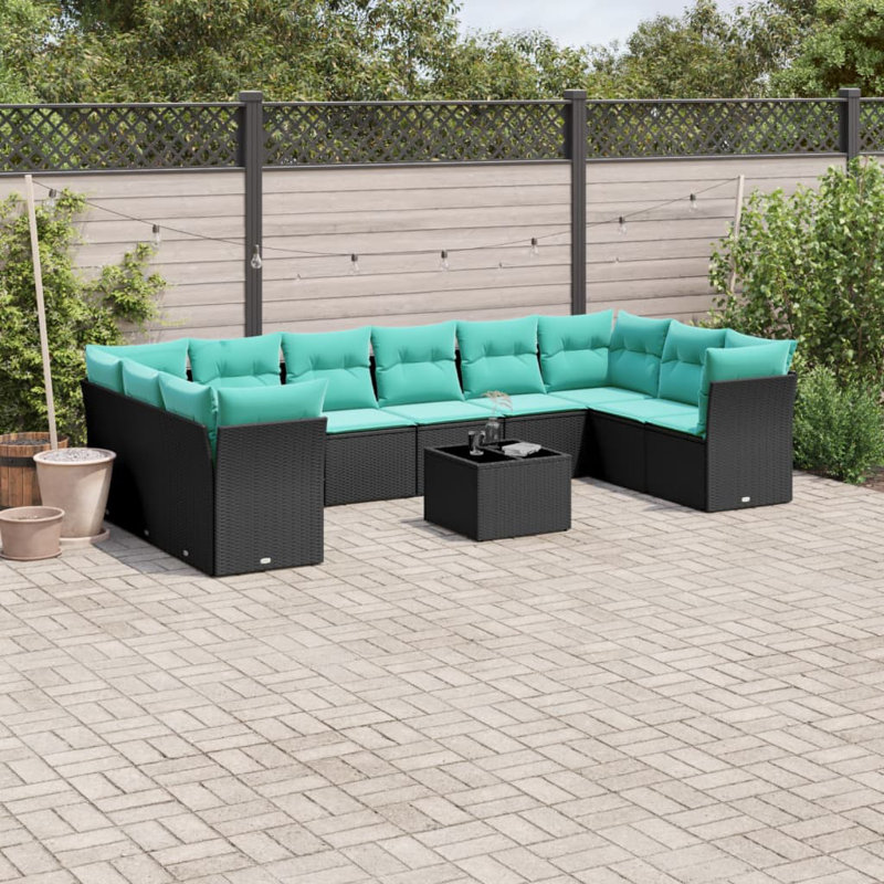  Ensemble de canapé de patio 11 pièces avec coussins en rotin de polyester noir