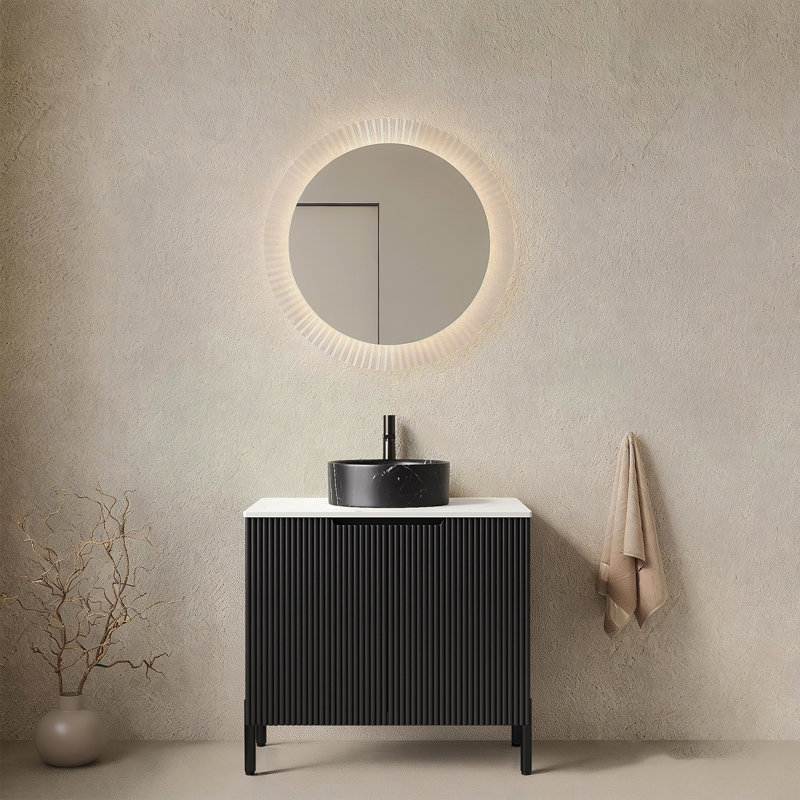Ensemble de meuble-lavabo sur pied 24 po avec lavabo, meuble-lavabo de salle de bain autoportant avec 2 portes TURIO, lavabo rond en céramique noire avec motif en pierre et comptoir en pierre frittée blanc de Carrare, sans robinet, couleur noire