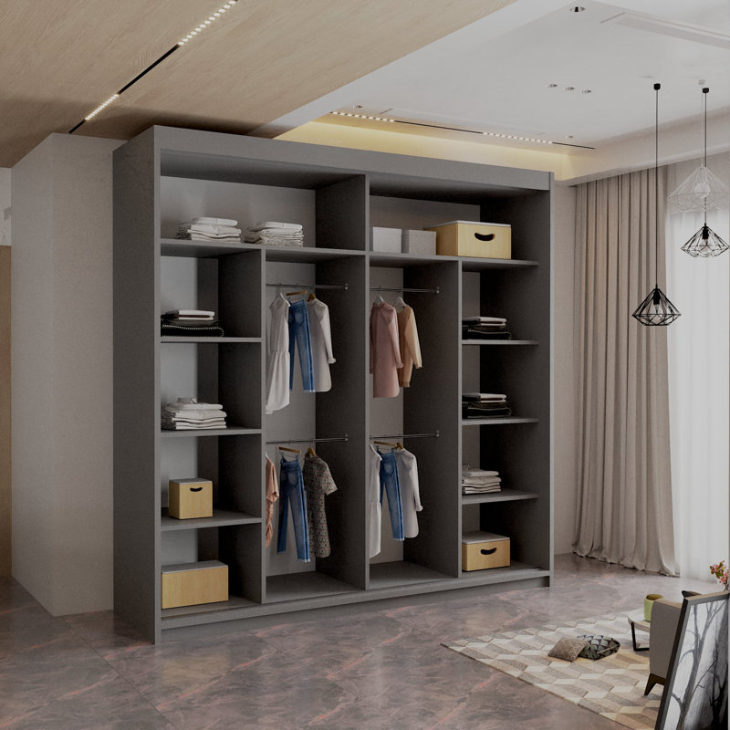 Sliding Wardrobe with Mirror Modern Bedroom 4 Colours 3 Sizes, Grey, 217cm H x 203cm W x 62cm D