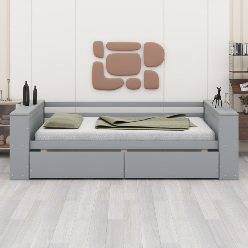 Lit de jour avec tablettes et tiroirs, Gris