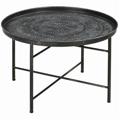 24" Round Coffee Table with Hammered Tray Top, Vintage Metal Center Table for Living Room, Bedroom, Side Table