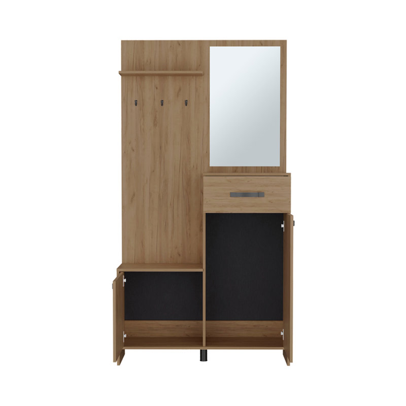 Hall Tree, 2 Doors, 1 Drawer, 1 Shelf, 1 Mirror
