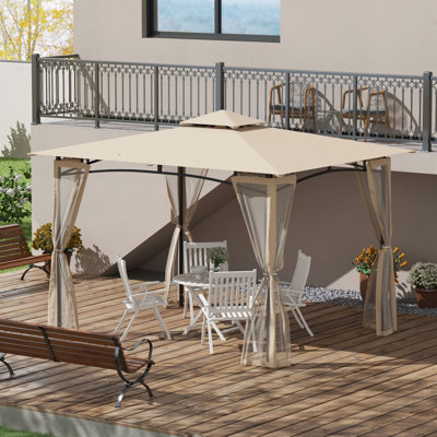 Pavillon de jardin 10 'x 12' avec filet, double toit pour jardin, pelouse, cour arrière, terrasse. Beige, espace de bronzage spacieux, structure en métal et espace de détente extérieur sur la terrasse, beige