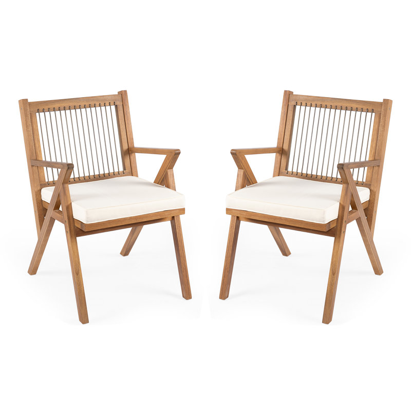 Ensemble de 2 chaises de salle à manger d'extérieur en bois d'acacia avec dossier en corde tissée et coussins Roomfitters