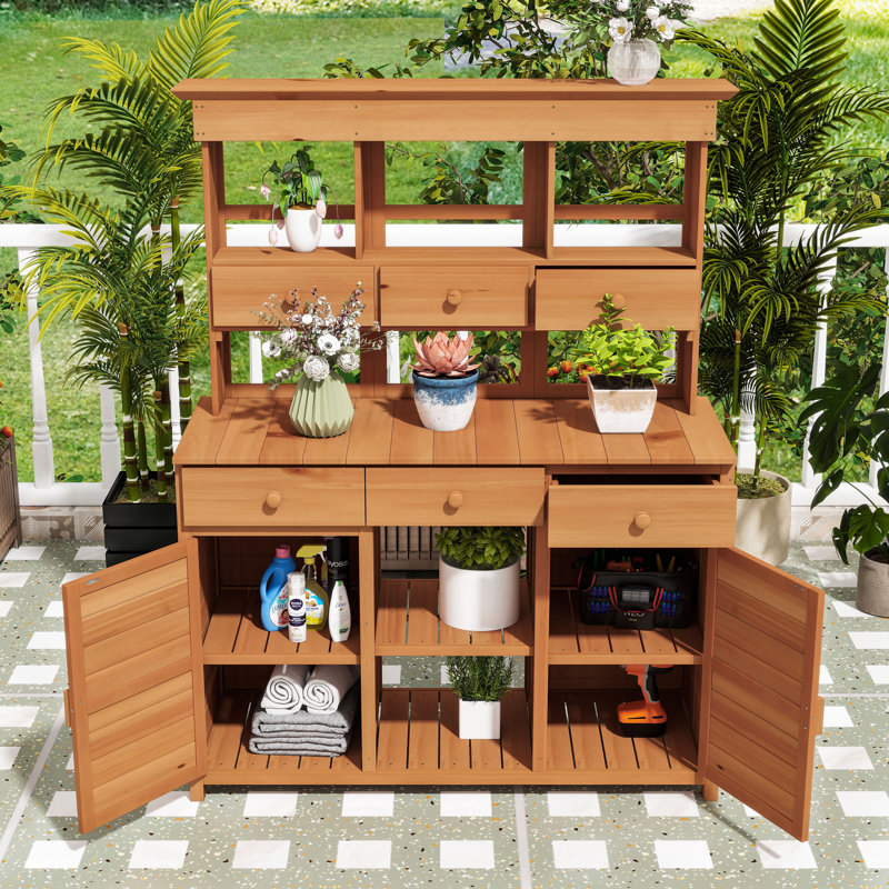 Table de jardin rustique avec huche, 6 tiroirs, tablettes, 2 armoires et crochets latéraux, Naturel
