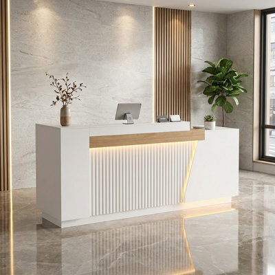 L-Shaped Modern Reception Desk With Locking Drawer, LED Lights & Built-In Outlets, For Cashier Counter, Salon, Office And Customer Service Front Desk